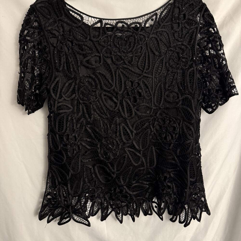 Silken Poetry Womens Black Silk Top Size M Crochet Fairy Beaded Lace Whimsigoth - Picture 3 of 9